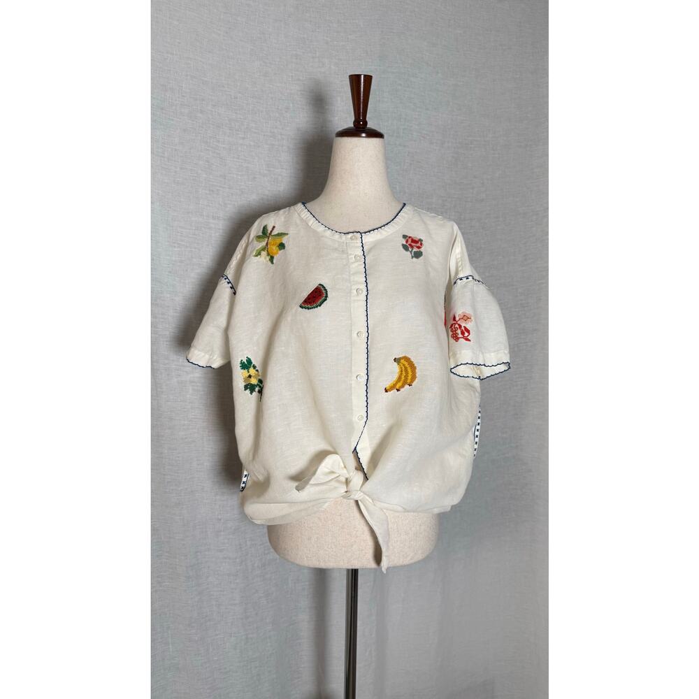 Anthropologie x Intropia Linen Fruit Needlepoint Embroidered Tie Blouse
XS